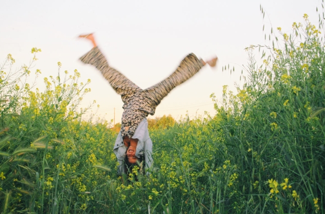 Frau macht Handstand in Wiese