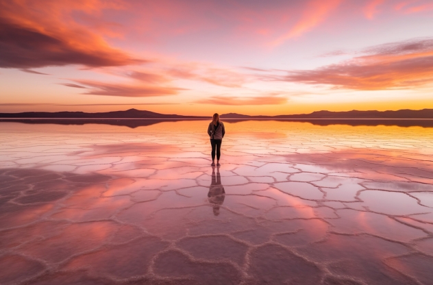  Eine Person steht in einer weiten, spiegelnden Landschaft bei Sonnenuntergang.