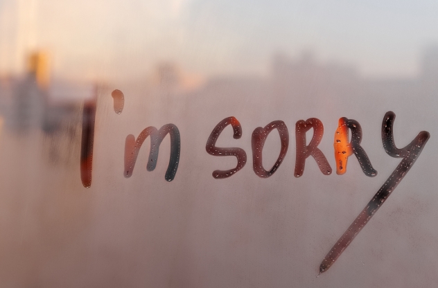 Das Bild zeigt die Worte "I'm Sorry" in großen, handgeschriebenen Buchstaben auf einer beschlagenen Fensterscheibe.