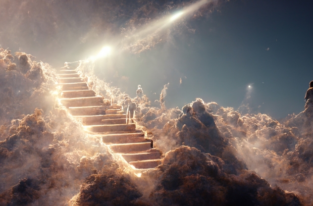 Eine leuchtende Treppe erhebt sich durch dramatische Wolkenformationen in einem himmlischen Szenario. | Leben nach dem Tod