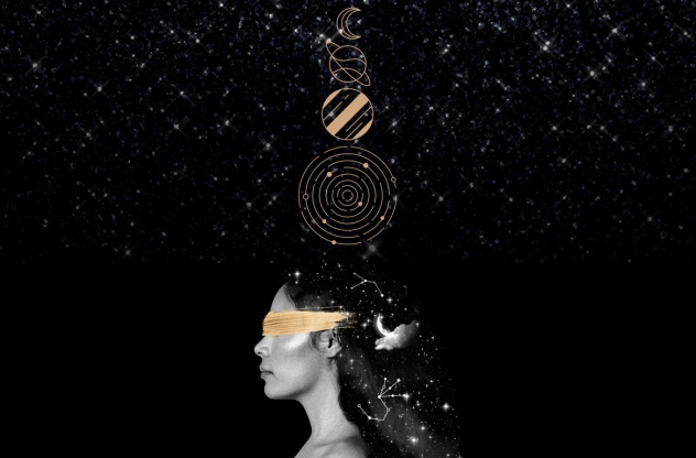 Planeten Astrologie: Künstlerische Darstellung eines weiblichen Profils mit verbundenen Augen, aus deren Kopf galaktische Symbole und Planeten aufsteigen.