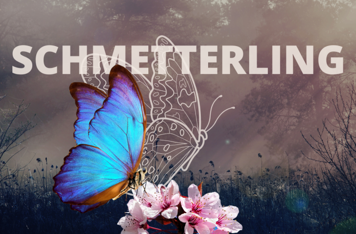 Krafttier Schmetterling Ein leuchtend blauer Schmetterling sitzt auf rosa BlĂŒten vor nebliger Waldkulisse. DarĂŒber steht âSchmetterlingâ mit einer gezeichneten Kontur im Hintergrund.