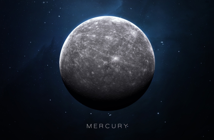 Merkur in der Astrologie: Der Planet Merkur vor dunklem Sternenhimmel mit dem Schriftzug „Mercury“ darunter.
