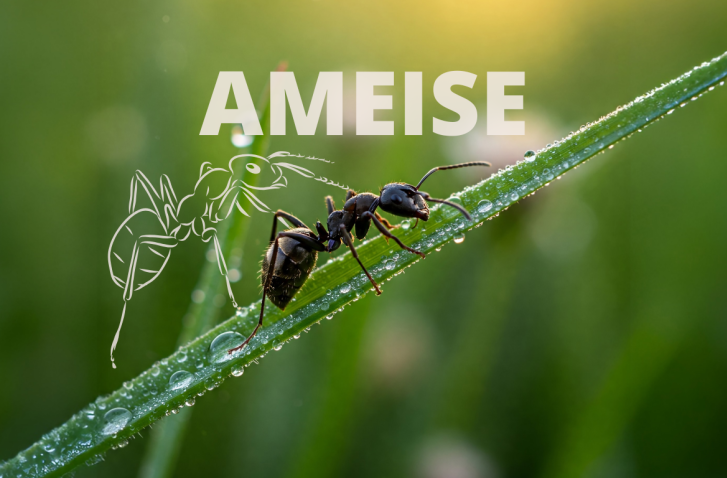 Eine Ameise krabbelt über einen mit Tau besetzten Grashalm.