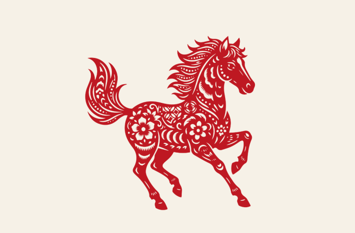 Roter Scherenschnitt eines galoppierenden Pferdes | chinesisches Sternzeichen Pferd