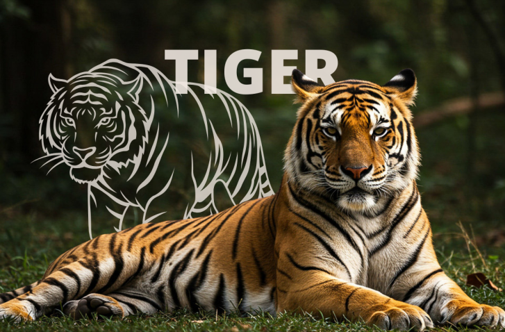 liegender Tiger mit versetzter weißer Linienzeichnung eines Tigers vor Waldhintergrund | Krafttier Tiger