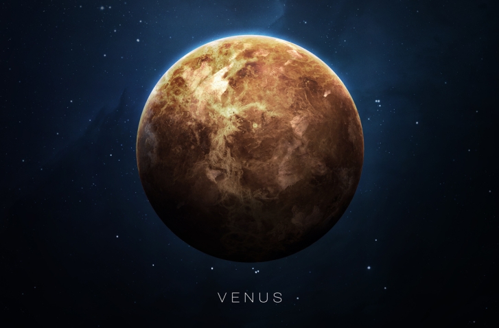 Planet Venus vor Galaxie-Hintergrund und Schriftzug "Venus"