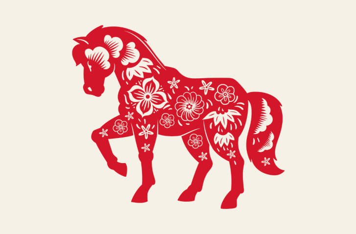 Grafik des chinesischen Sternzeichens Pferd in rot mit Ornamenten