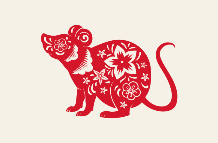 Grafik des chinesischen Sternzeichens Ratte in rot mit Ornamenten