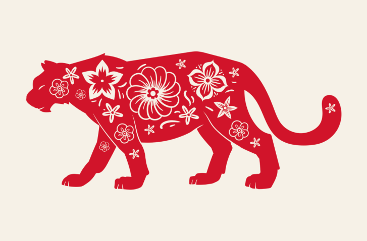 Grafik eines roten Tigers mit weißen Ornamenten