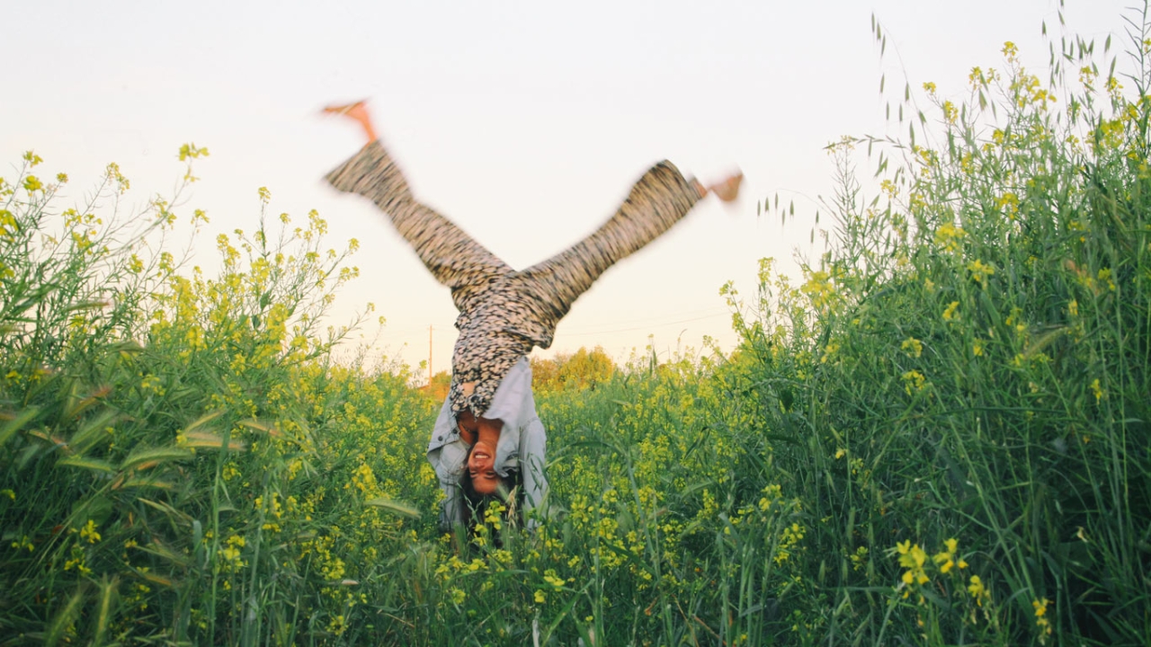 Frau macht Handstand in Wiese
