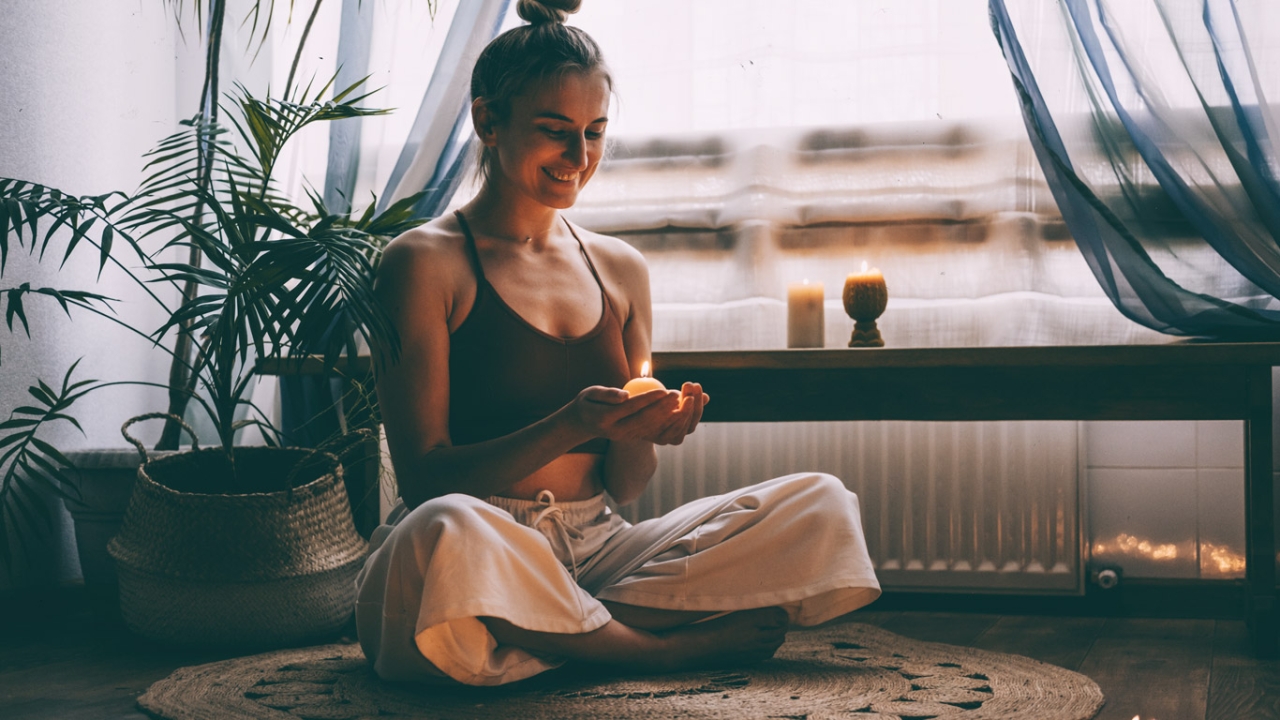 Frau praktiziert Dankbarkeitsritual mit Meditation