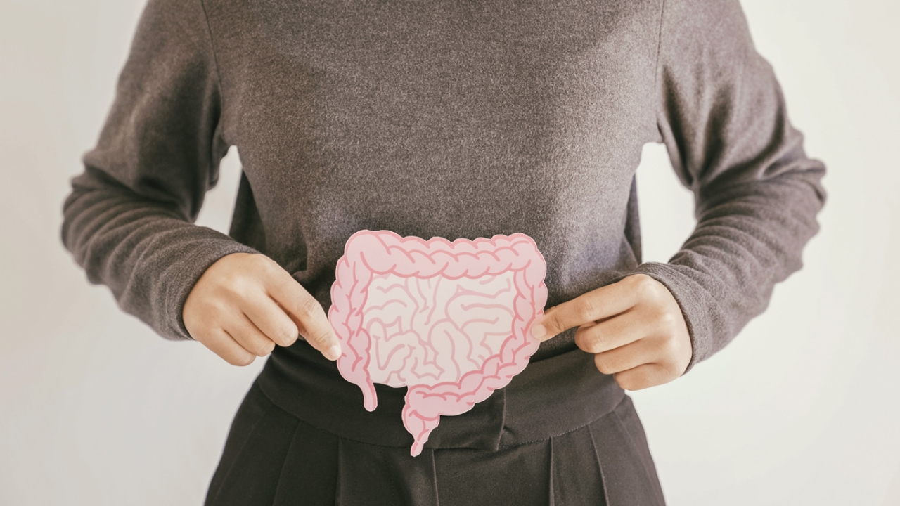 Reizdarm behandeln mit der Fodmap-Diät: Lebensmittel-Liste, Rezepte und Ernährungsplan Teaserbild: Eine Frau steht mittig im Bild und hält eine Zeichnung des Darms vor ihren Bauch