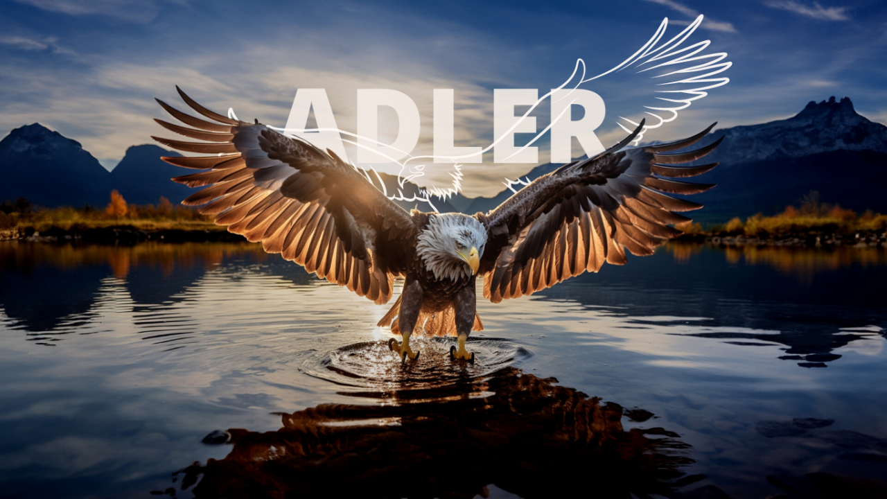 Ein Adler fliegt mit weit offenen Flügeln dicht über einem See