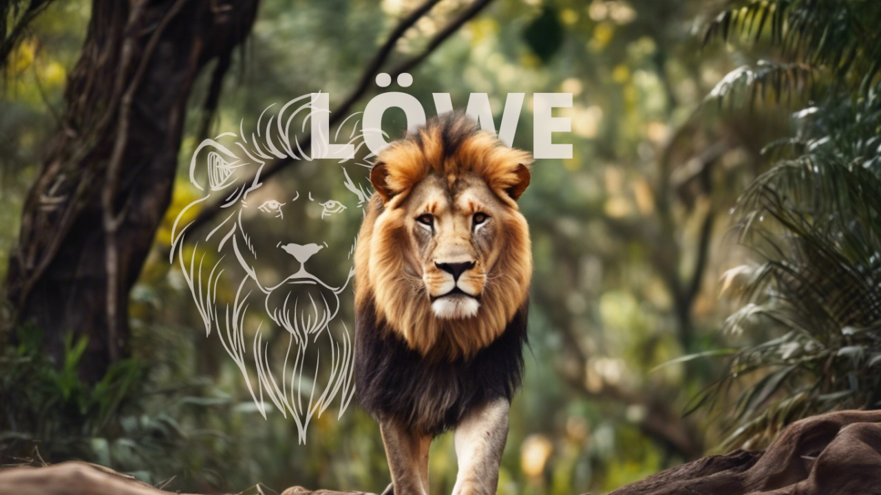 Im Zentrum des Bildes sieht man einen fotografierten Löwen, der auf die Kamera zugeht. Links daneben sieht man seinen Kopf in gezeichneter Form