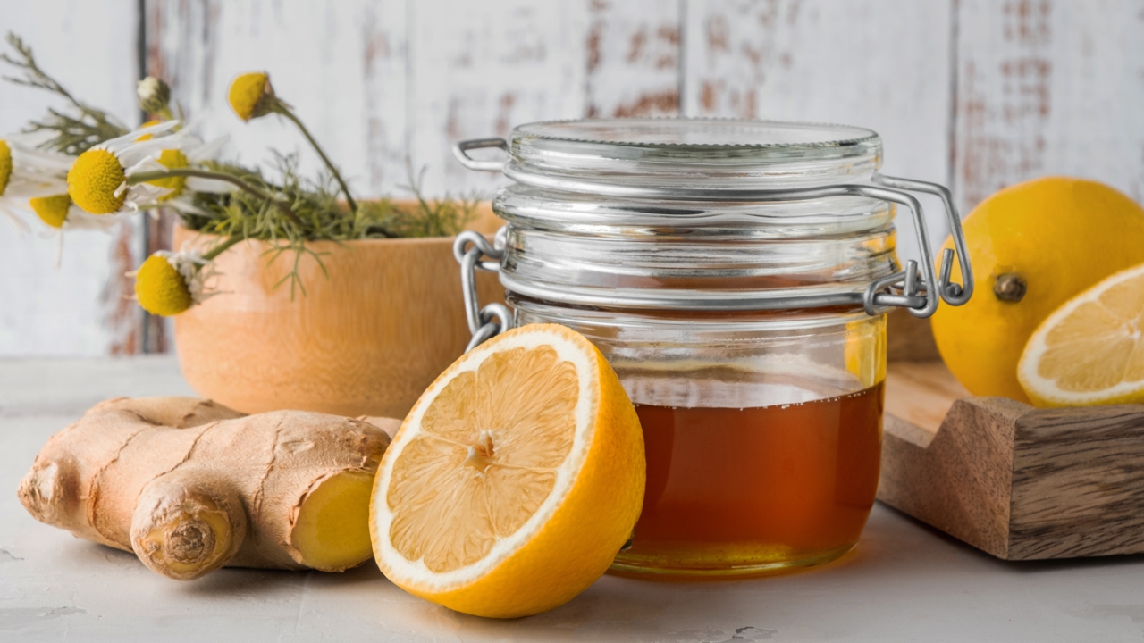 Gesund durch die Erkältungszeit: Ein Glas Honig neben einer halben Zitrone und einem Stück Ingwer, arrangiert auf einer rustikalen Holzunterlage.