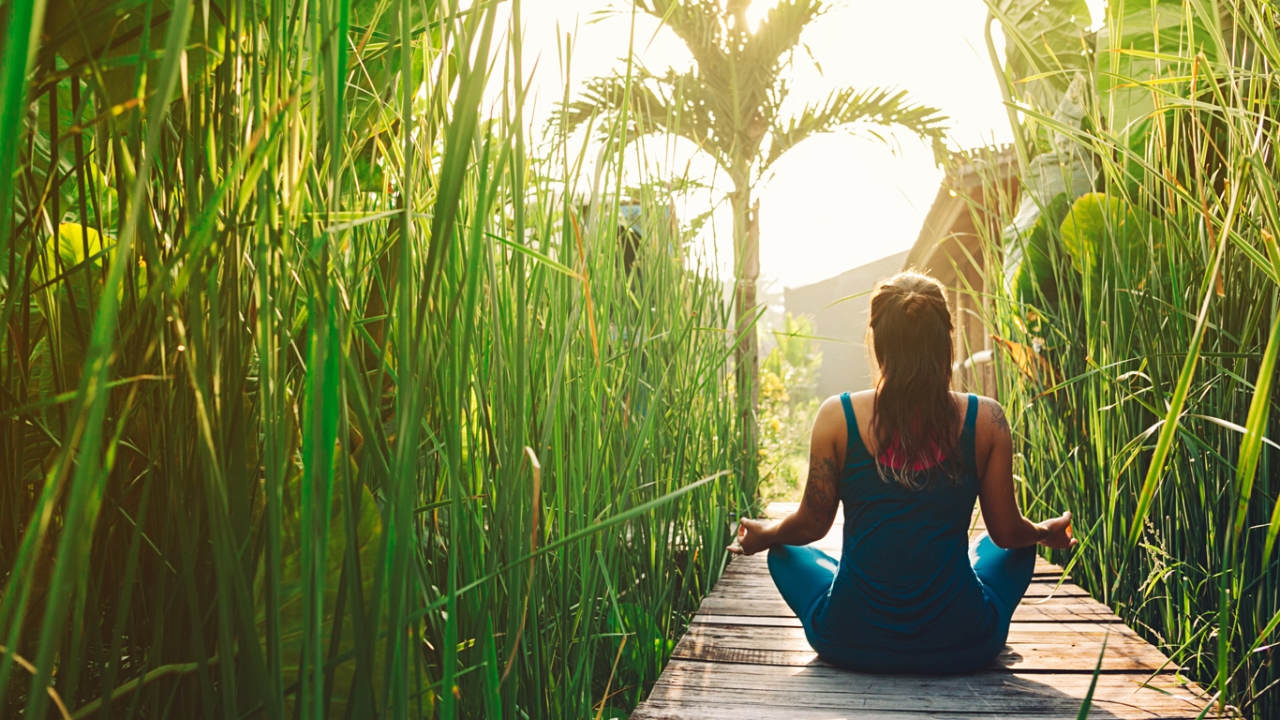 Eine Frau sitzt im Schneidersitz auf einem Holzsteg zwischen hohen Gräsern und meditiert im Sonnenlicht.