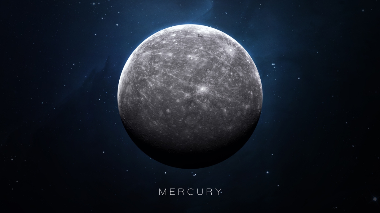 Merkur in der Astrologie: Der Planet Merkur vor dunklem Sternenhimmel mit dem Schriftzug „Mercury“ darunter.