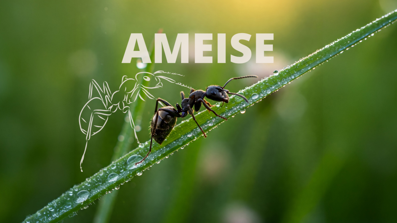 Eine Ameise krabbelt über einen mit Tau besetzten Grashalm.