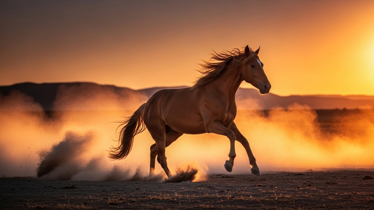 rennendes Pferd vor Sonnenuntergang