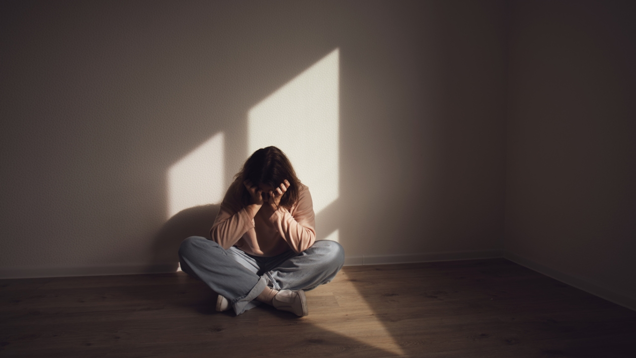 Sitzende Frau mit Kopf auf den Händen gestützt