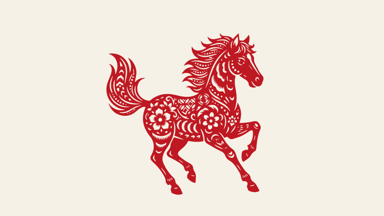 Roter Scherenschnitt eines galoppierenden Pferdes | chinesisches Sternzeichen Pferd