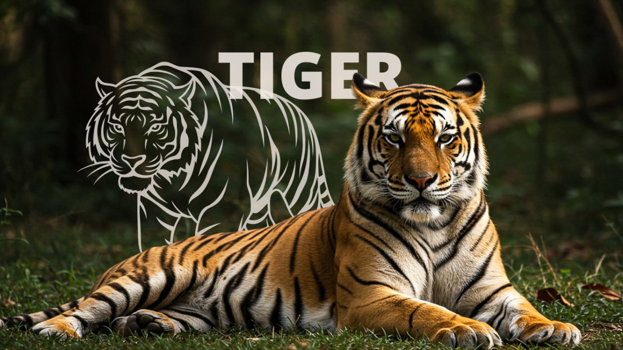 liegender Tiger mit versetzter weißer Linienzeichnung eines Tigers vor Waldhintergrund | Krafttier Tiger