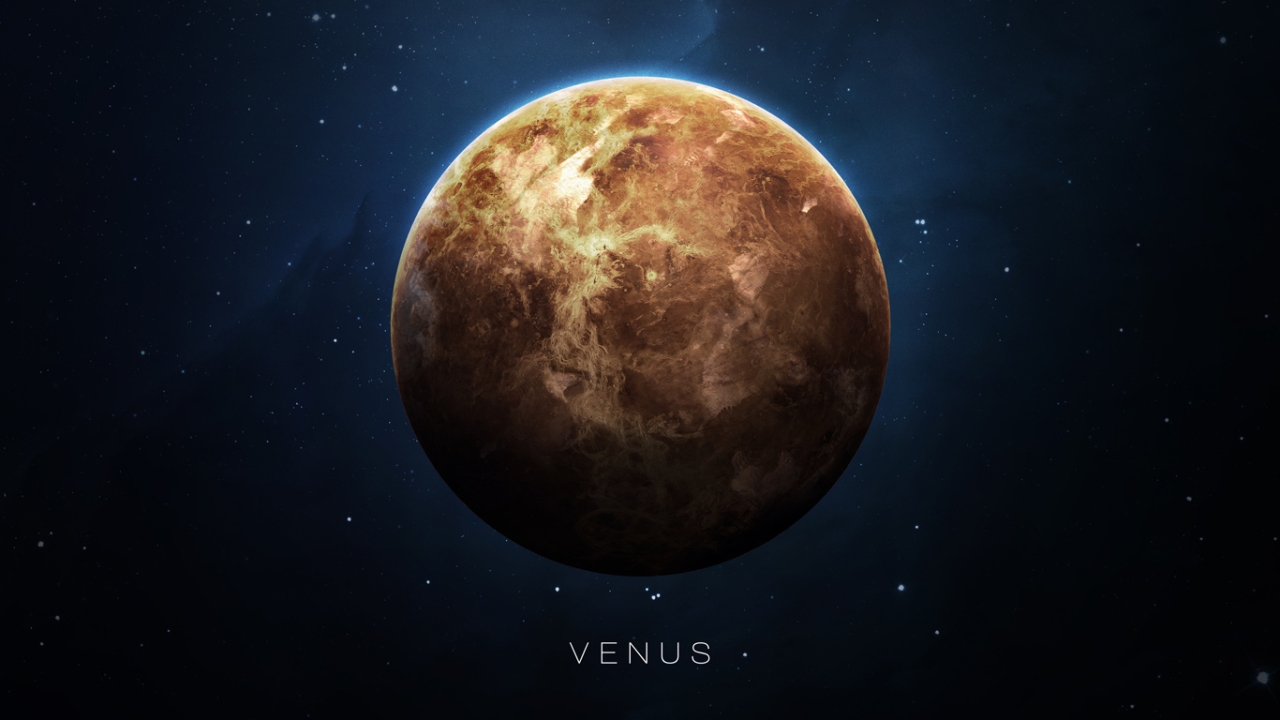 Planet Venus vor Galaxie-Hintergrund und Schriftzug "Venus"