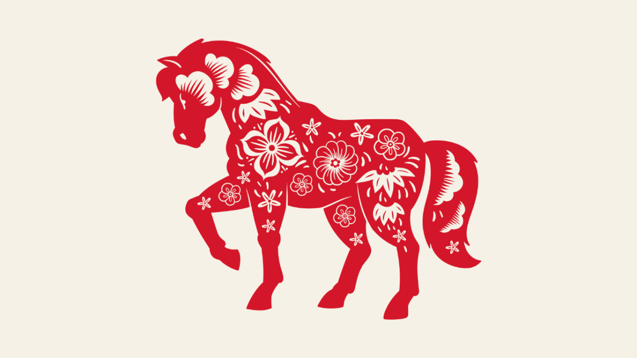 Grafik des chinesischen Sternzeichens Pferd in rot mit Ornamenten