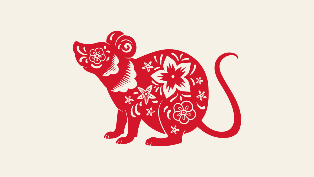 Grafik des chinesischen Sternzeichens Ratte in rot mit Ornamenten