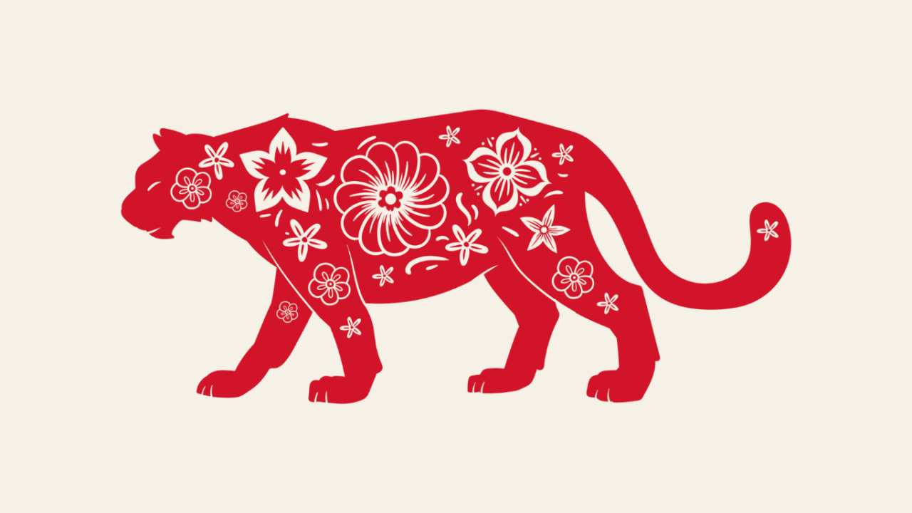 Grafik eines roten Tigers mit weißen Ornamenten
